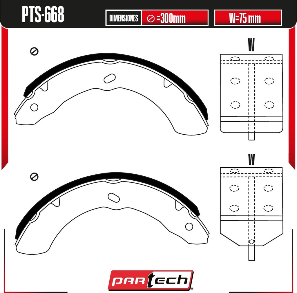 PA-PTS-668 — BALATAS DE TAMBOR TRAS. ISUZU ELF 100 L4 3.0 DIESEL 2016-2019