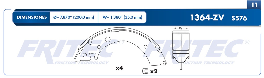 Zapata para freno de Tambor Fritec. Trasera Fritec OW-1364-ZV
