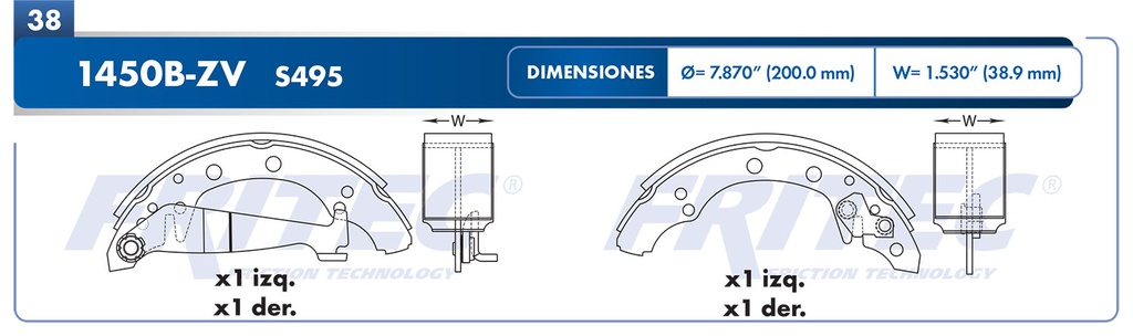 Zapata para freno de Tambor Fritec. Trasera Fritec OW-1450B-ZV