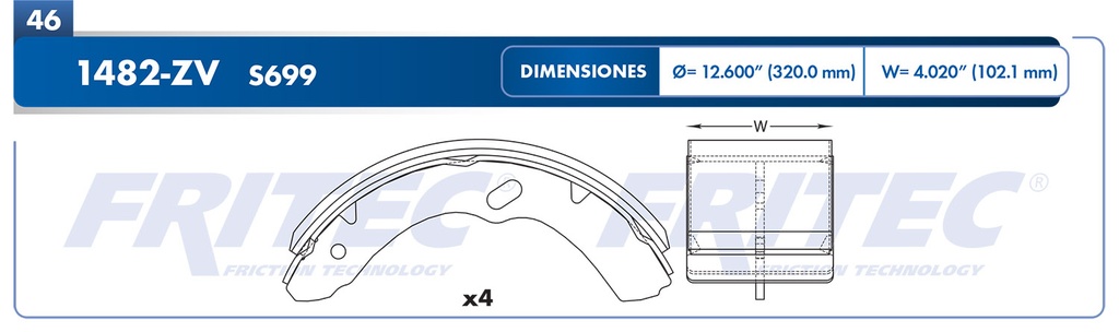 Zapata para freno de Tambor Fritec. Trasera Fritec OW-1482-ZR