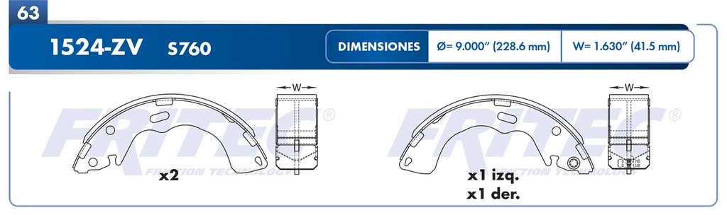 Zapata para freno de Tambor Fritec. Trasera Fritec OW-1524-ZV