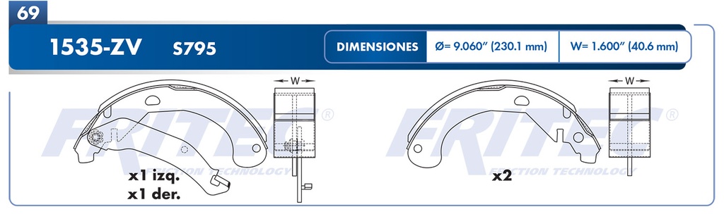 Zapata para freno de Tambor Fritec. Trasera Fritec OW-1535-ZV