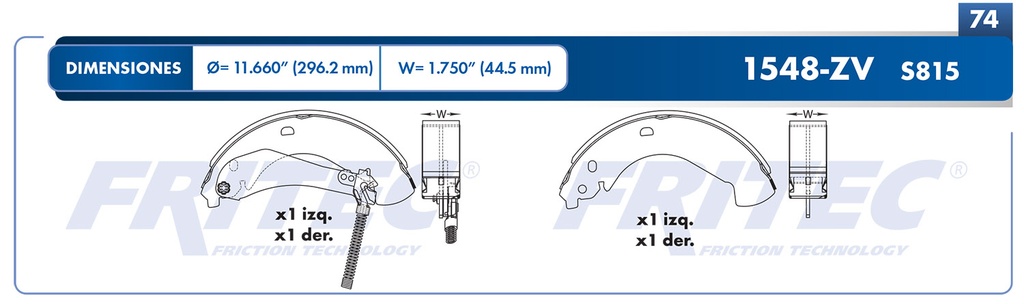 Zapata para freno de Tambor Fritec. Trasera Fritec OW-1548-ZV