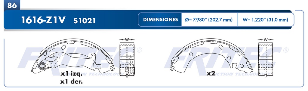 Zapata para freno de Tambor Fritec. Trasera Fritec OW-1616-Z1V