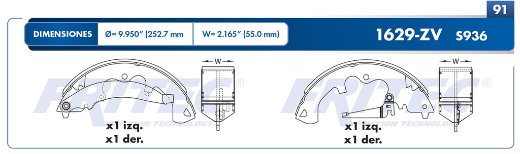 Zapata para freno de Tambor Fritec. Trasera Fritec OW-1629-ZV