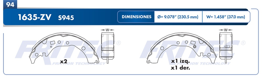 Zapata para freno de Tambor Fritec. Trasera Fritec OW-1635-ZV
