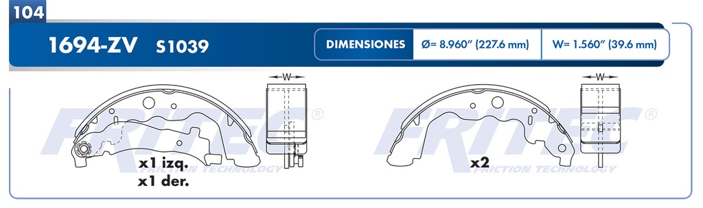 Zapata para freno de Tambor Fritec. Trasera Fritec OW-1694-ZV