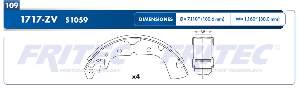 Zapata para freno de Tambor Fritec. Trasera Fritec OW-1717-ZV