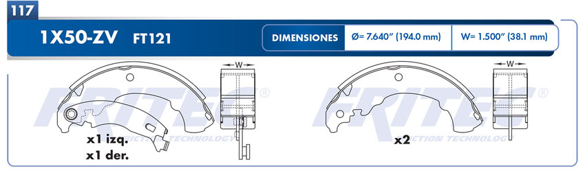 Zapata para freno de Tambor Fritec. Trasera Fritec OW-1X50-ZV