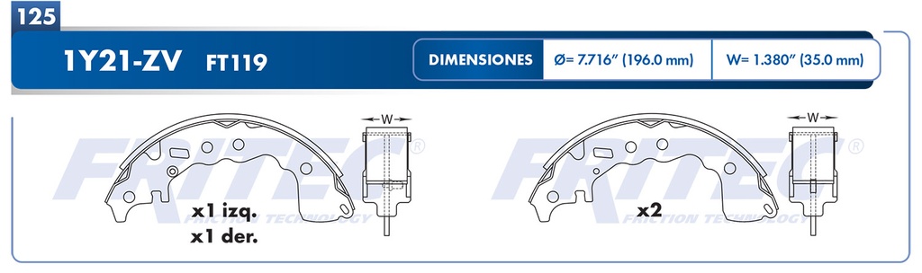 Zapata para freno de Tambor Fritec. Trasera Fritec OW-1Y21-ZV