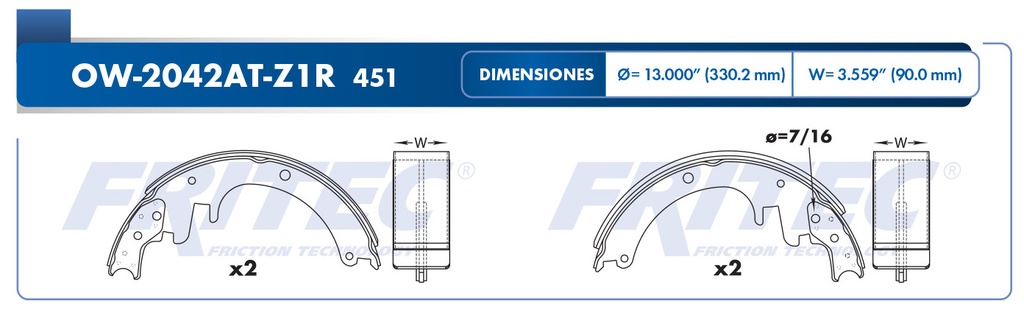 Zapata para freno de Tambor Fritec. Trasera Fritec OW-2042AT-Z1R