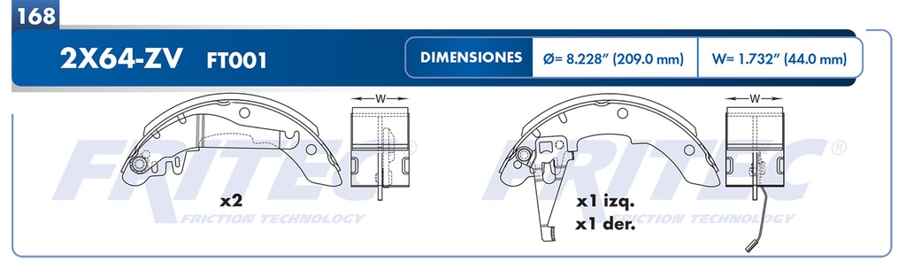 Zapata para freno de Tambor Fritec. Trasera Fritec OW-2X64-ZV