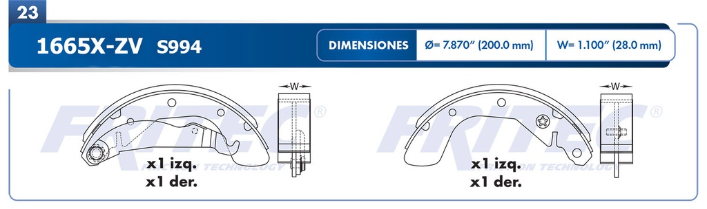 Zapata para freno de Tambor Fritec. Trasera Fritec OW-1665X-ZV