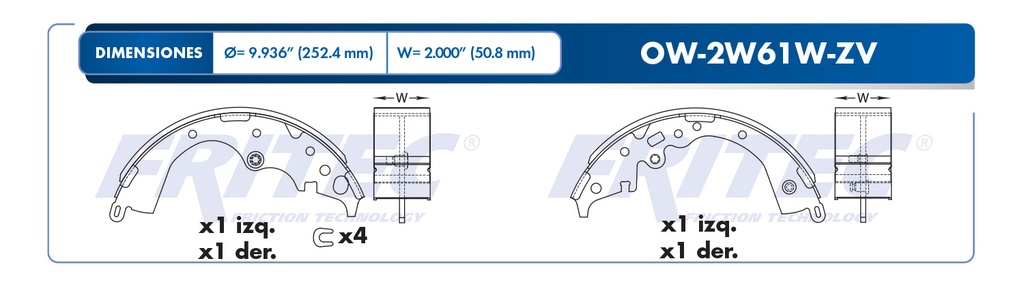 Zapata para freno de Tambor Fritec. Trasera Fritec OW-2W61W-ZV