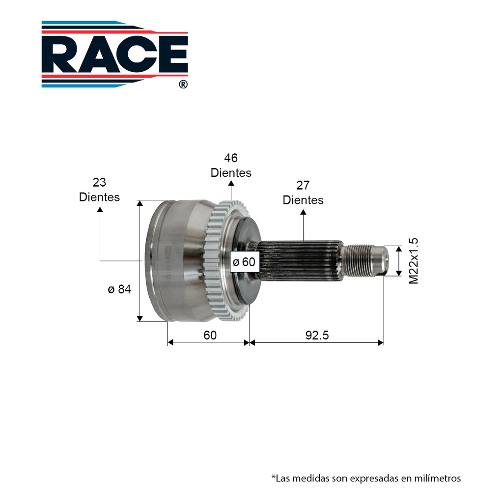 RA-RR-9590 — Junta Lado Rueda KIA Soul 2.0L 16-19 TA. Izq/Der. Interior 23 - Exterior 27 Race RR-9590