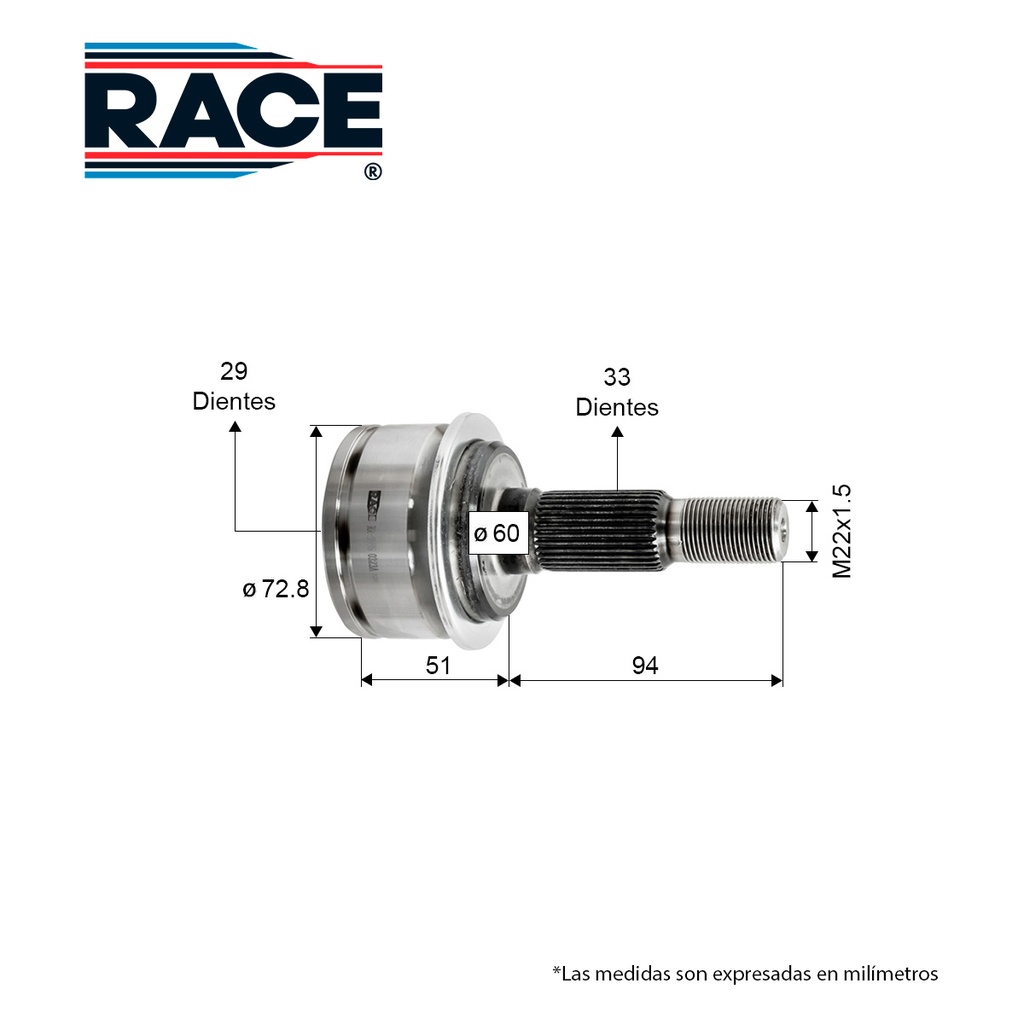 RA-RR-9595 — Junta Lado Rueda CHEVROLET Onix 1.0LT 21-22 TM. Izq/Der. Int. 29 - Ext. 33 Race RR-9595