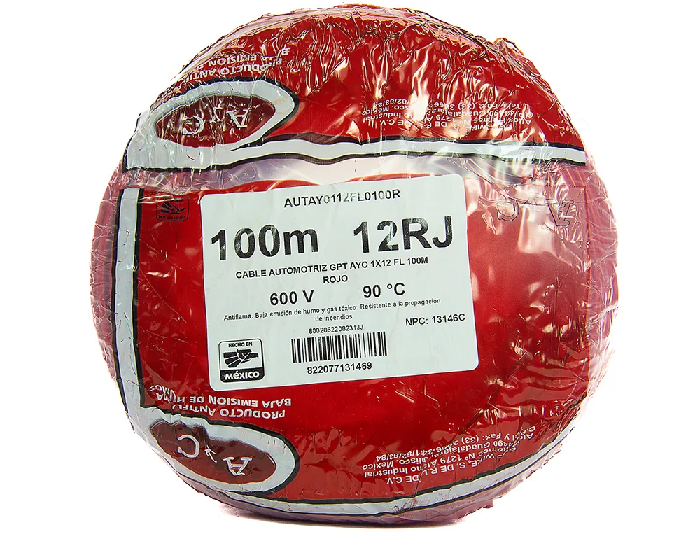 AY-13146 — Cable flexible automotriz para instalación calibre 12" rojo 100 metros AYC 13146